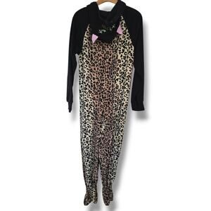 French Jenny Leopard Print Hooded One-Piece Pajamas - Size Medium